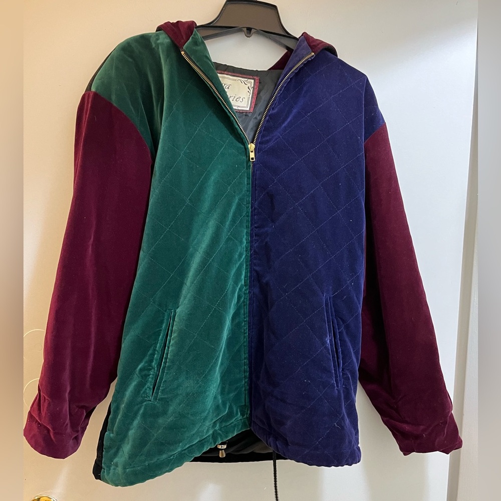 Laura Jefferies Hooded Full Zip Velvet Color Block Puffer Jacket, Women’s Medium